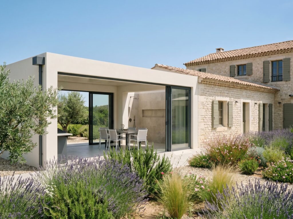 Extension contemporaine aménagée en pool house avec cuisine, barbecue et douche à l'italienne, à Saint-Tropez (83)