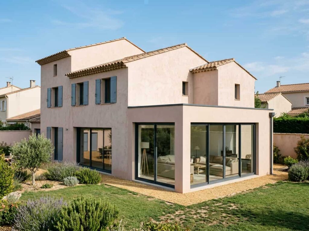 Extension contemporaine à toit plat prolongeant le salon d'une maison provençale, baies vitrées d'angle