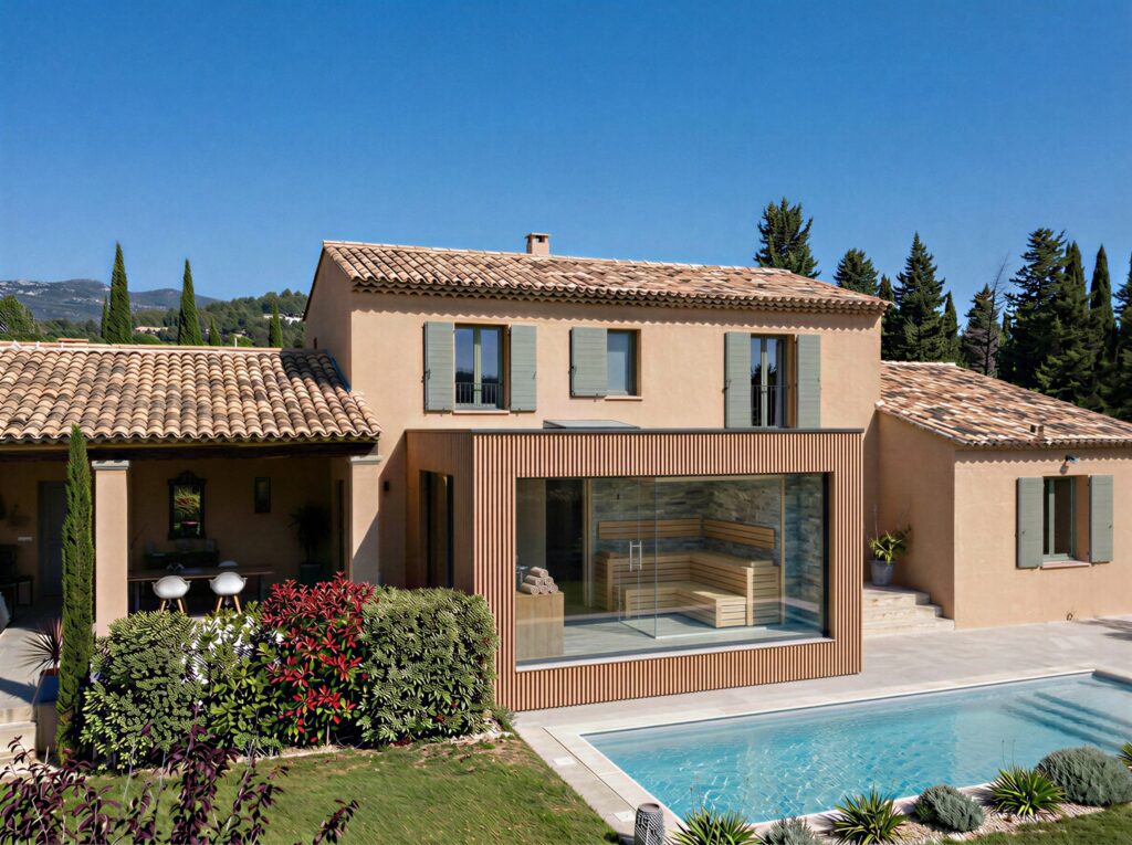 Extension espace bien-être avec hammam et parement bois, à Fréjus (83)