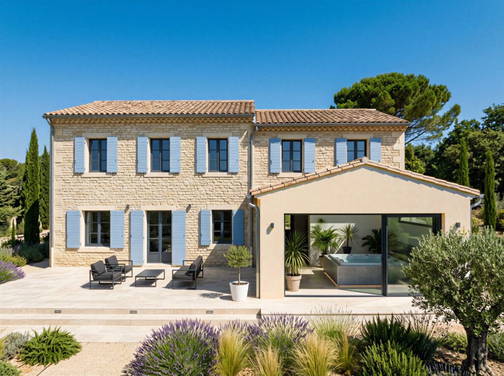 Extension traditionnelle aménagée en espace bien-être avec jacuzzi, à Vence (06)