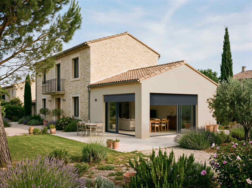 Extension traditionnelle en enduit clair adossée à un mas en pierre, séjour et salle à manger ouverts sur le jardin