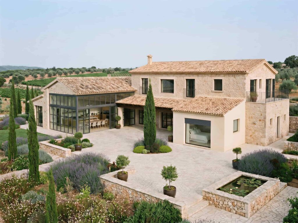 Extension traditionnelle d'un mas en pierre avec verrière atelier ouvrant sur une cuisine et un séjour lumineux