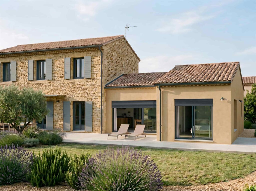 Extension traditionnelle de plain-pied en enduit ocre et toiture en tuiles, prolongeant une maison provençale en pierre
