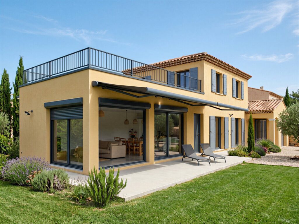 Extension traditionnelle à toit-terrasse aménagée en salon et salle à manger, à Gap (05)