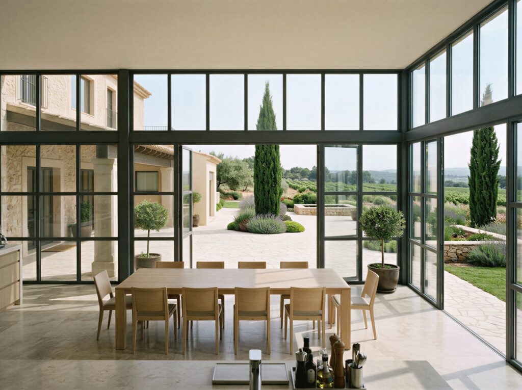 Intérieur d'une extension contemporaine aménagée en cuisine et salle à manger largement vitrée