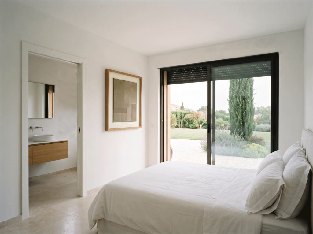 Intérieur d'une suite parentale contemporaine aménagée en extension, baies vitrées et lumière naturelle