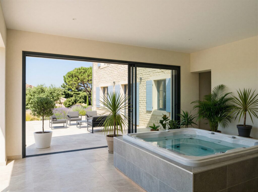 Intérieur d'une extension aménagée en espace bien-être avec jacuzzi, à Vence (06)