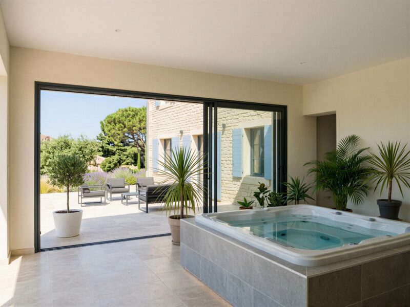 Intérieur d'une extension aménagée en espace bien-être avec jacuzzi, à Vence (06)