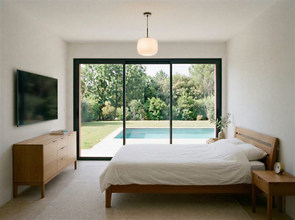 Intérieur d'une extension aménagée en suite parentale avec grande baie vitrée, à Nice (06)