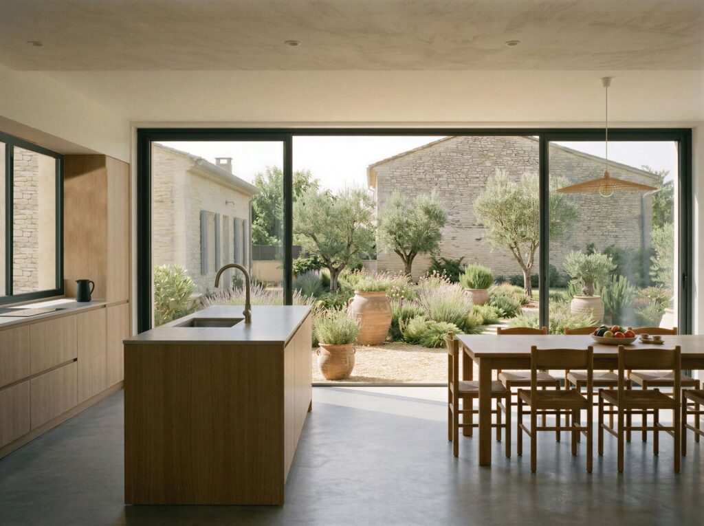 Intérieur d'une extension en verrière aménagée en cuisine et salle à manger, à Istres (13)