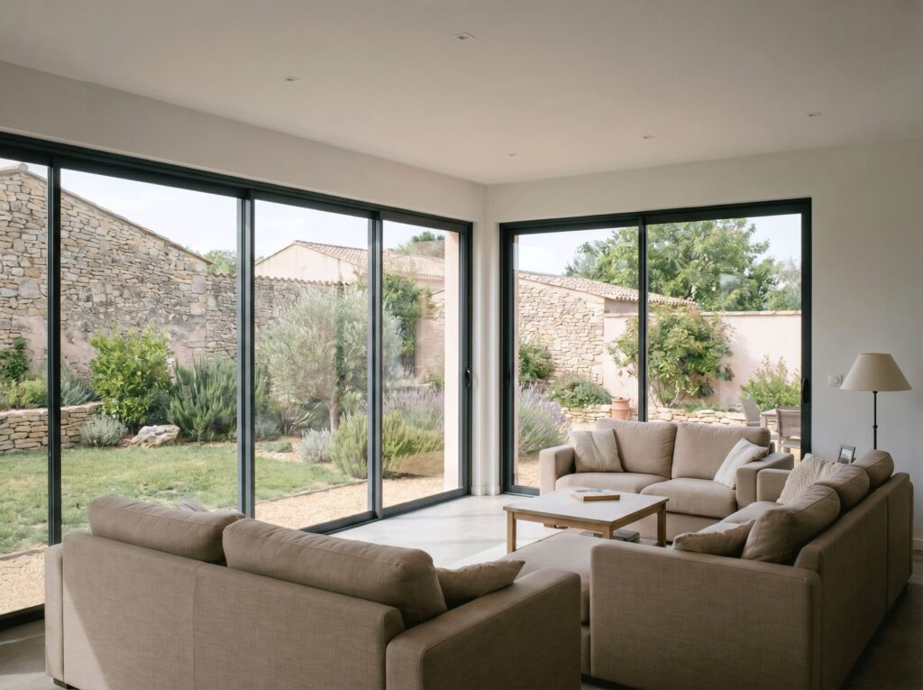 Extension contemporaine avec verrière aménagée en salon lumineux, à Avignon (84)