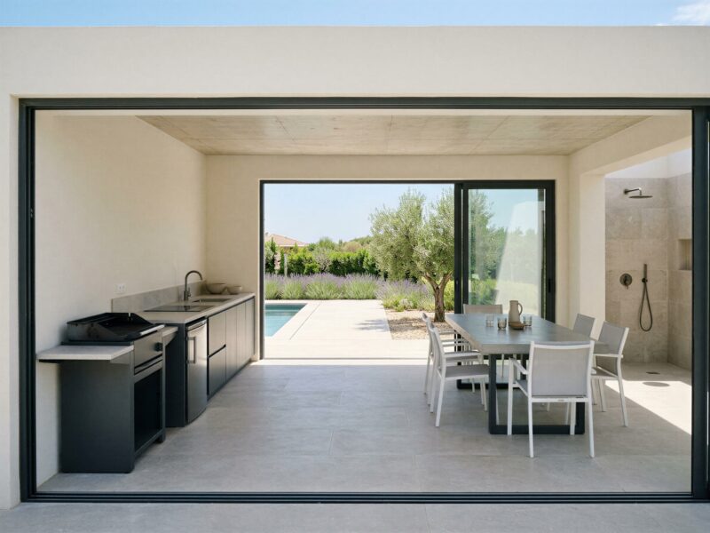 Intérieur d'un pool house contemporain avec cuisine, barbecue et douche à l'italienne, à Saint-Tropez (83)