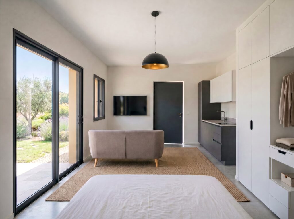 Intérieur d'un studio indépendant avec chambre, cuisine et salle de bain, à Cannes (06)