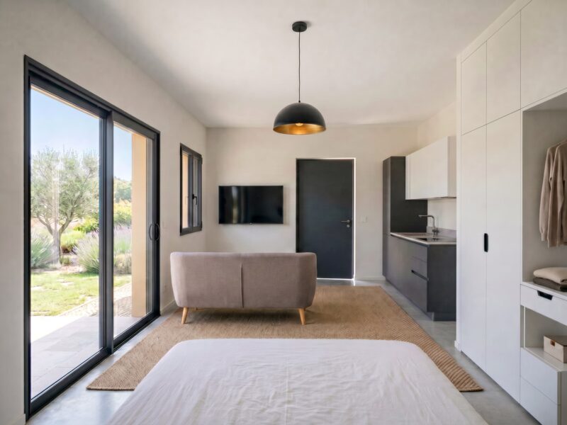 Intérieur d'un studio indépendant avec chambre, cuisine et salle de bain, à Cannes (06)