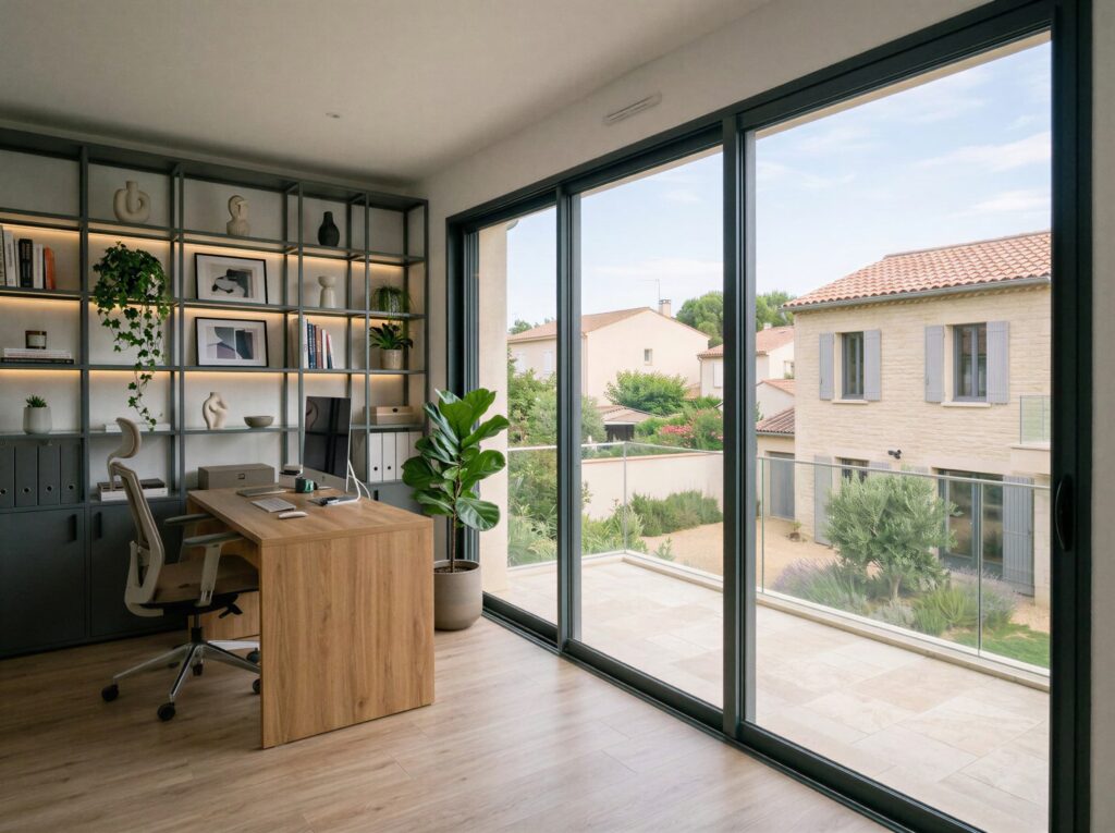 Intérieur d'une surélévation aménagée en bureau, ouvert sur un balcon par une grande baie