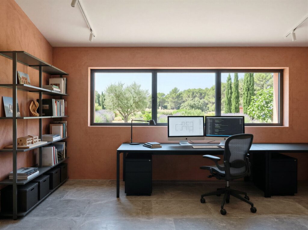 Intérieur d'une surélévation à toit plat aménagée en bureau, lumière zénithale et vue dégagée