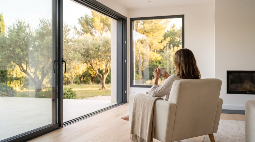Femme dans son extension de maison