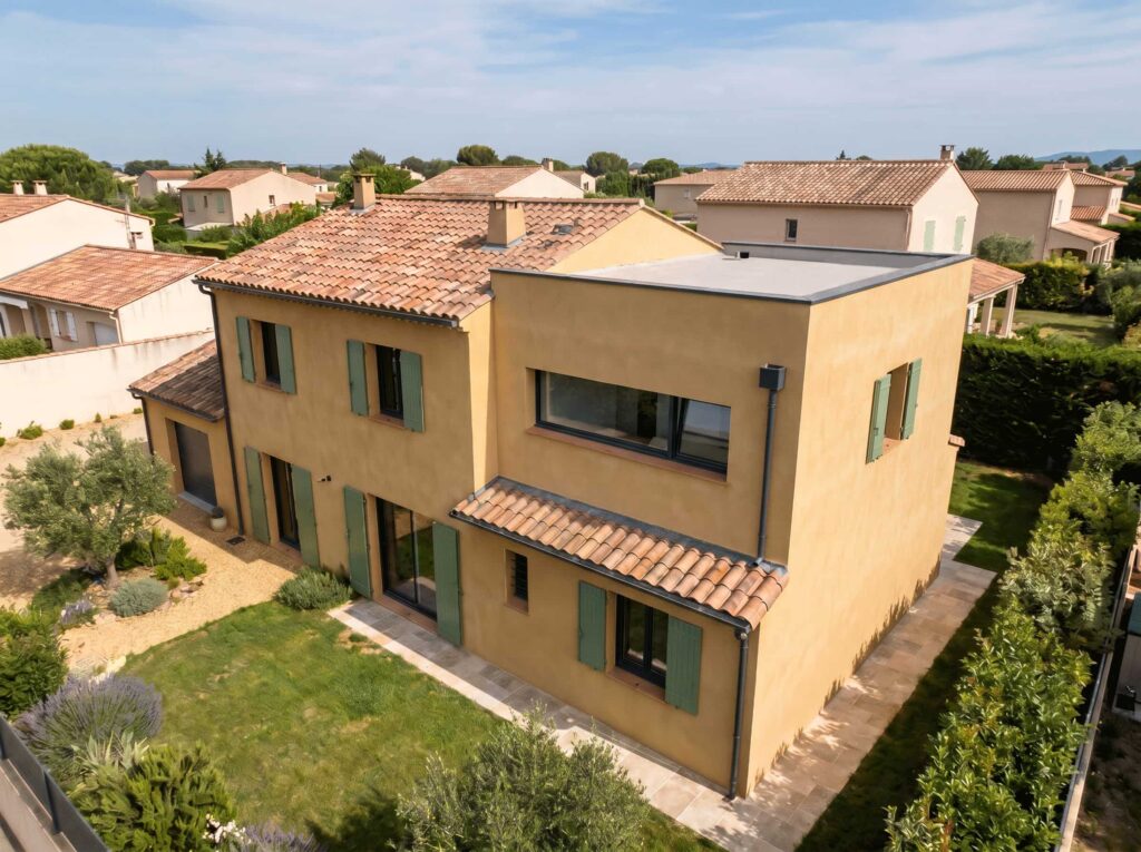 Vue aérienne d'une surélévation d'étage ajoutée à une villa provençale ocre, intégrée aux toitures en tuiles