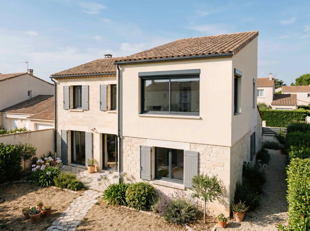 Surélévation à étage en enduit clair posée sur le rez-de-chaussée en pierre d'une maison provençale