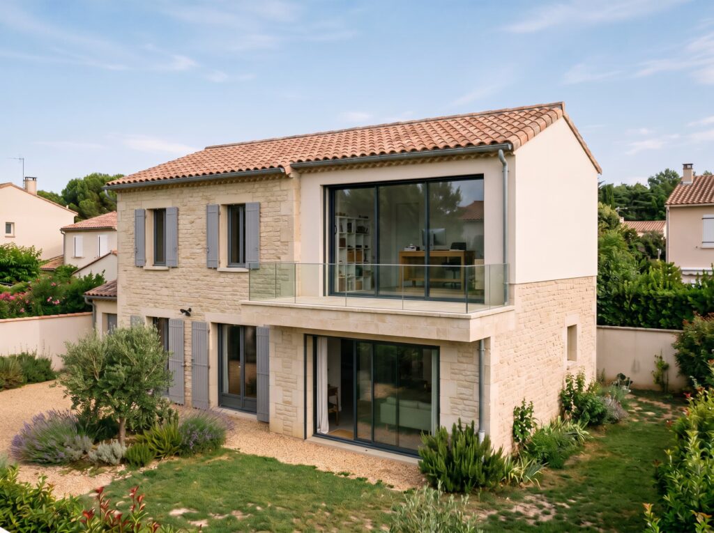 Surélévation à toiture tuile aménagée en bureau avec balcon vitré, à Grasse (06)