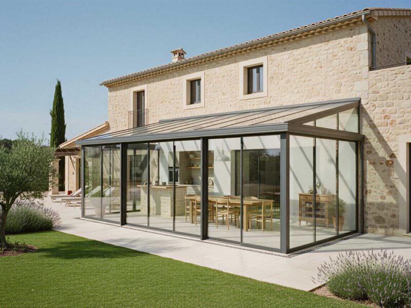 Véranda en aluminium gris adossée à une maison en pierre, aménagée en cuisine et salle à manger lumineuse