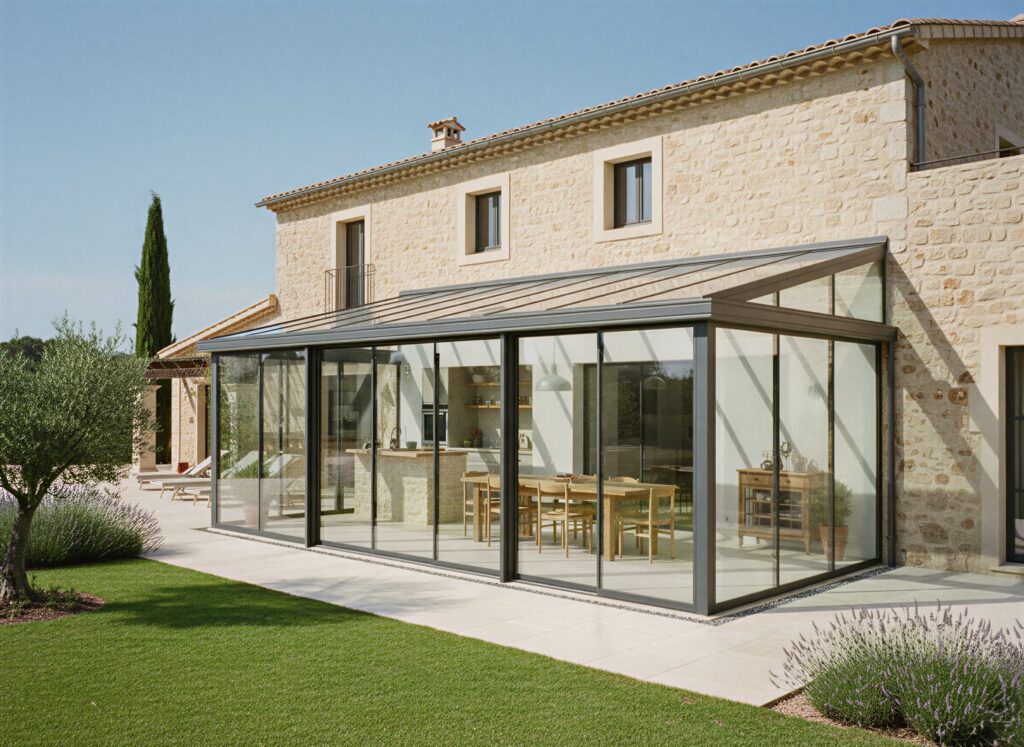 Véranda aménagée en cuisine et salle à manger, ouverte sur le jardin, à Menton (06)