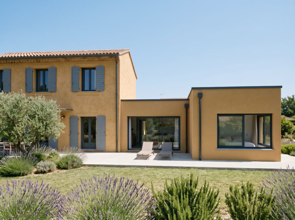 Extension contemporaine en L combinant suite parentale et salon, à Avignon (84)