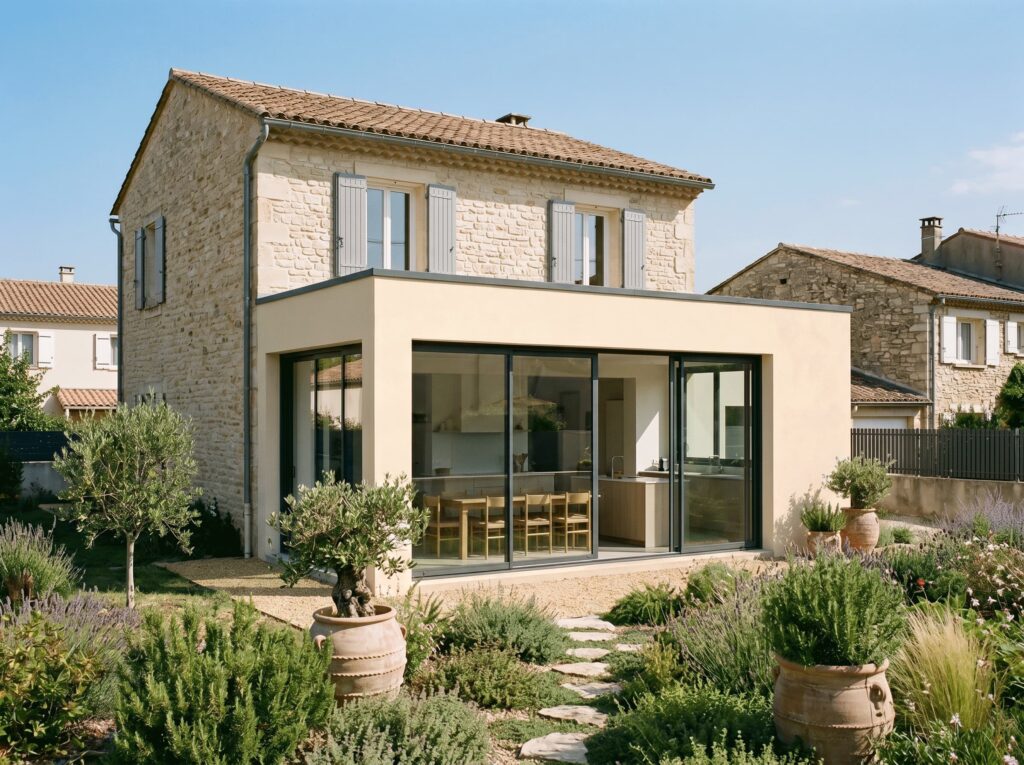 Intérieur d'une extension en verrière aménagée en cuisine et salle à manger, à Istres (13)