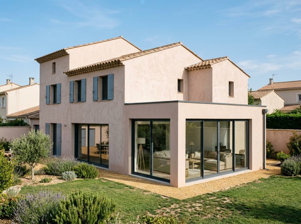 Extension contemporaine avec verrière aménagée en salon lumineux, à Avignon (84)