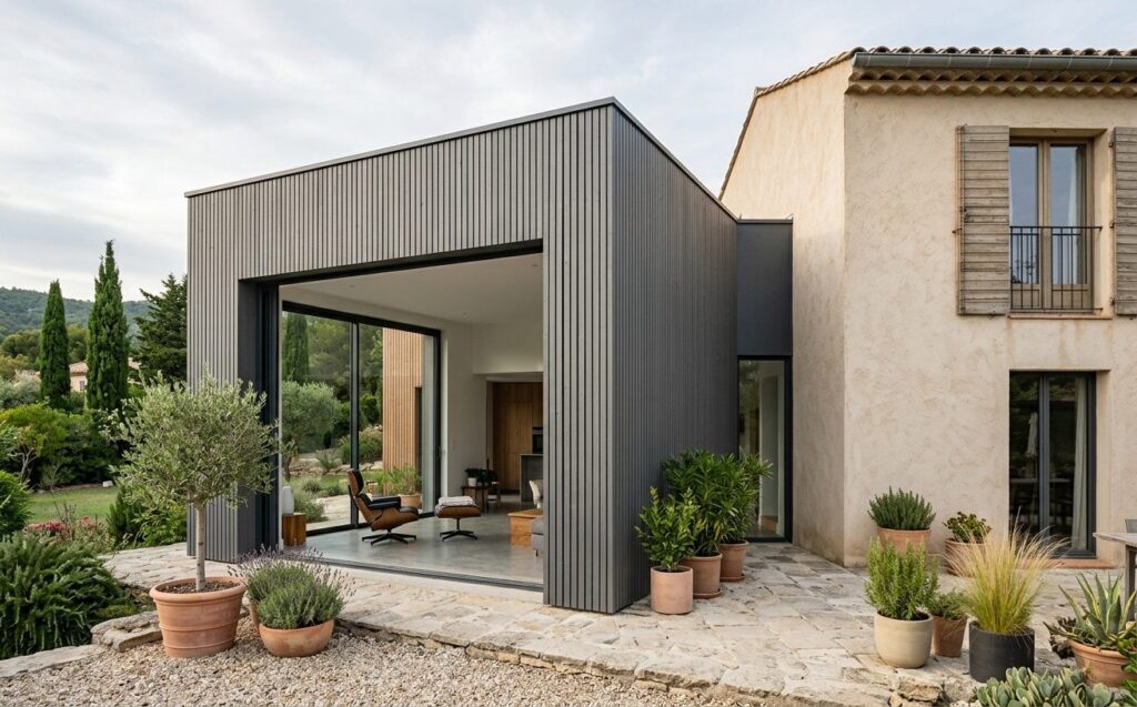 Extension contemporaine à toit plat avec bardage sombre et grande baie vitrée