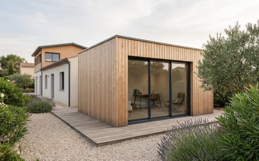 Studio indépendant en fond de jardin relié à la maison par une terrasse