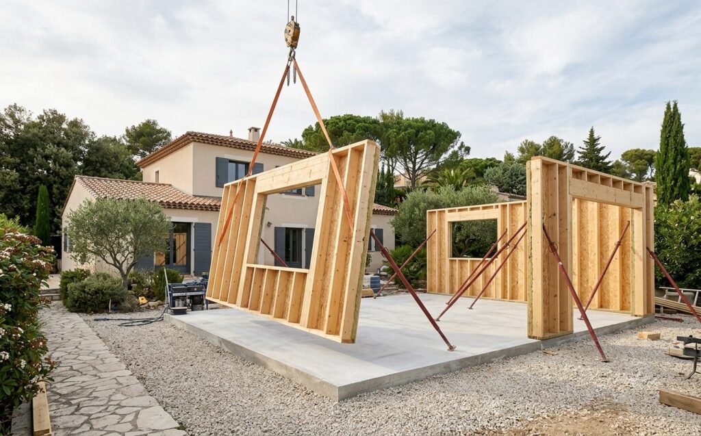 Levage des murs préfabriqués d'une extension à ossature bois