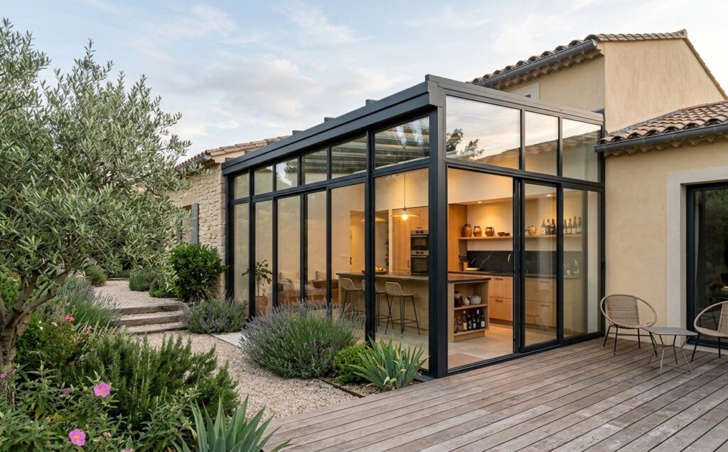 Extension verrière en aluminium noir prolongeant une cuisine sur le jardin