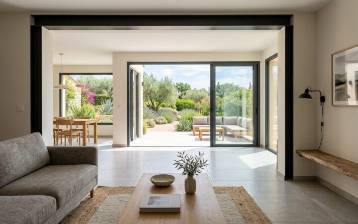 Salon agrandi par une extension ouverte sur le jardin par une grande baie vitrée