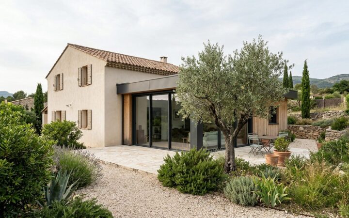 Maison individuelle agrandie par une extension, vue depuis le jardin