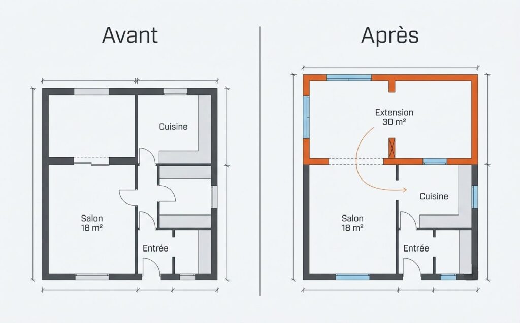 Plan avant après d'un rez-de-chaussée avec extension de salon de 30 m²