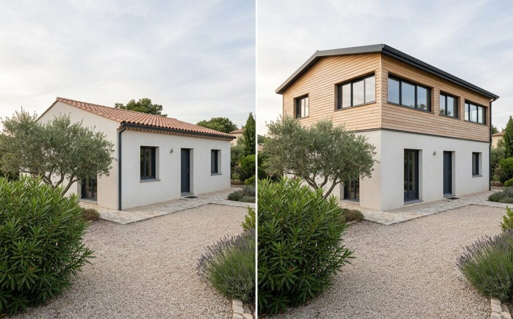 Maison de plain-pied avant et après surélévation en ossature bois