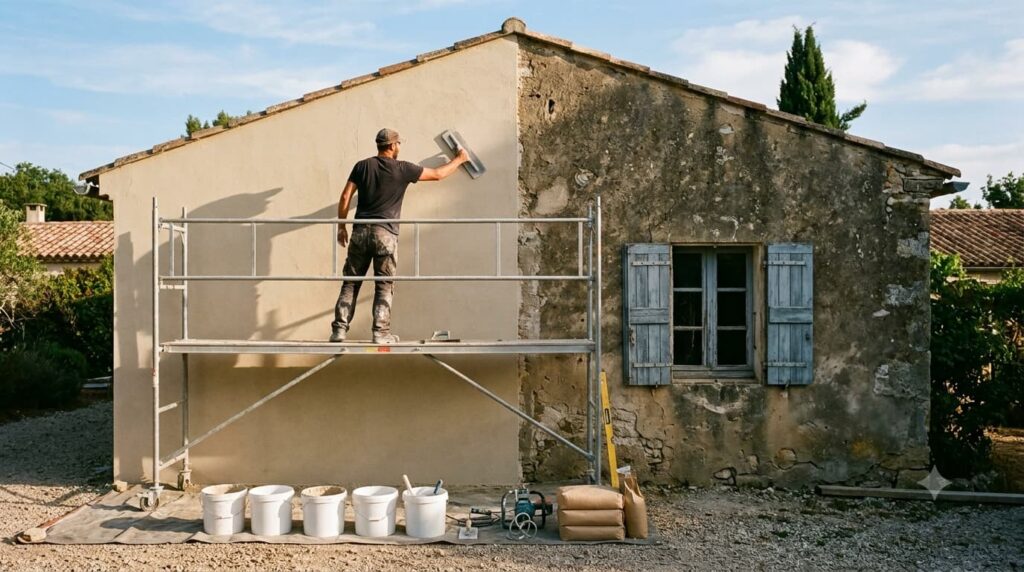 Harmonisation de l'enduit de façade pendant le chantier de l'extension