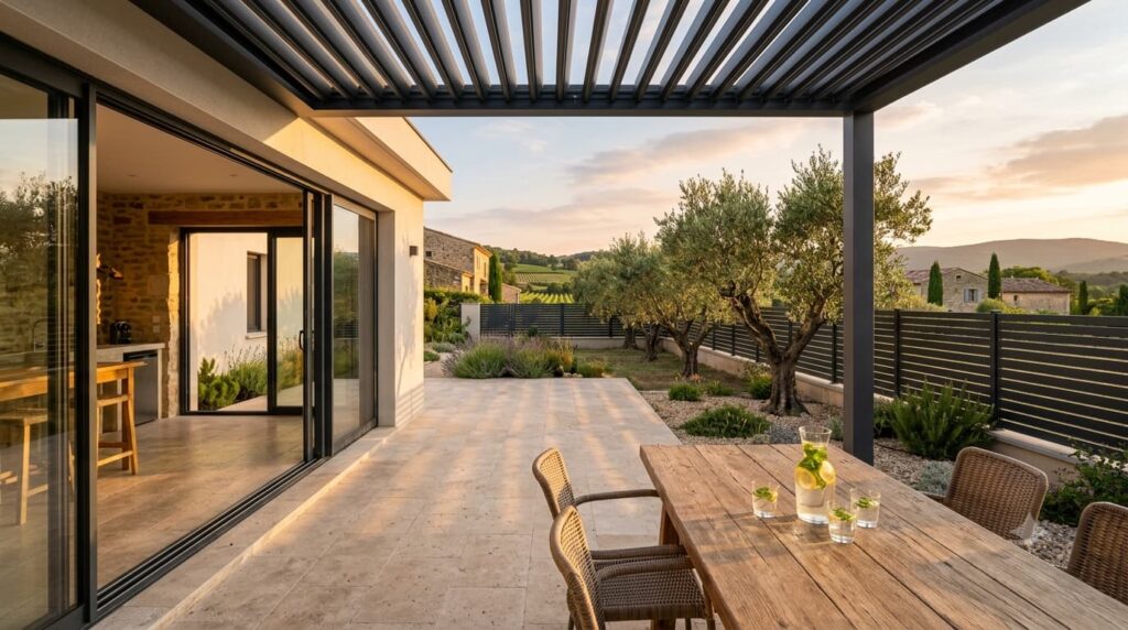 Terrasse, pergola et clôture réalisées en même temps que l'extension