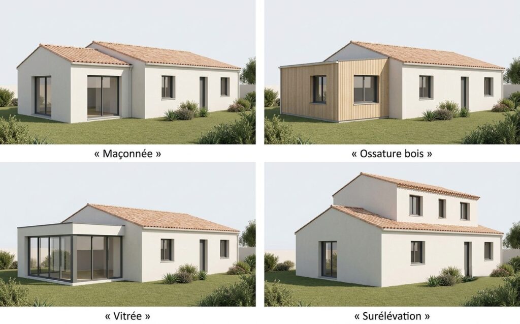 Quatre types d'extension de salon comparés sur une même maison