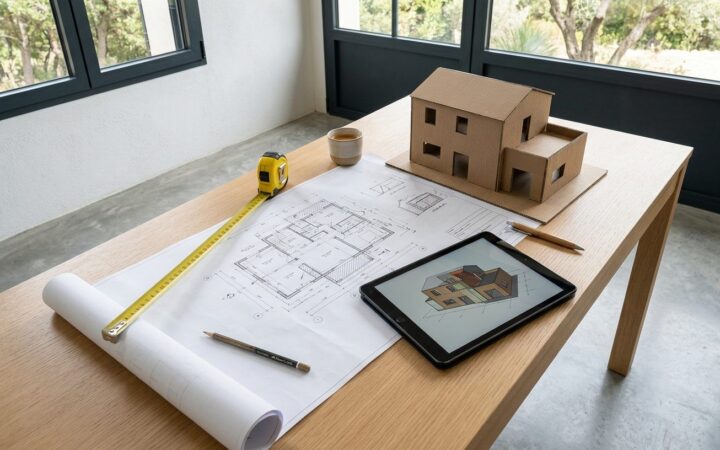 Plans d'extension et relevé sur une table lors d'un rendez-vous de projet
