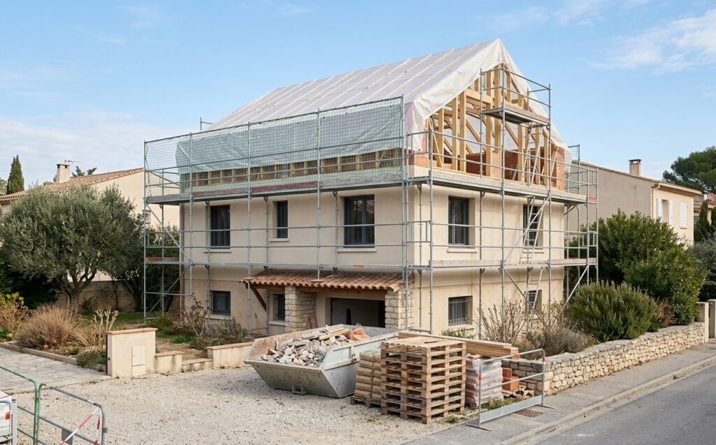 Chantier de surélévation : maison bâchée après dépose de la toiture