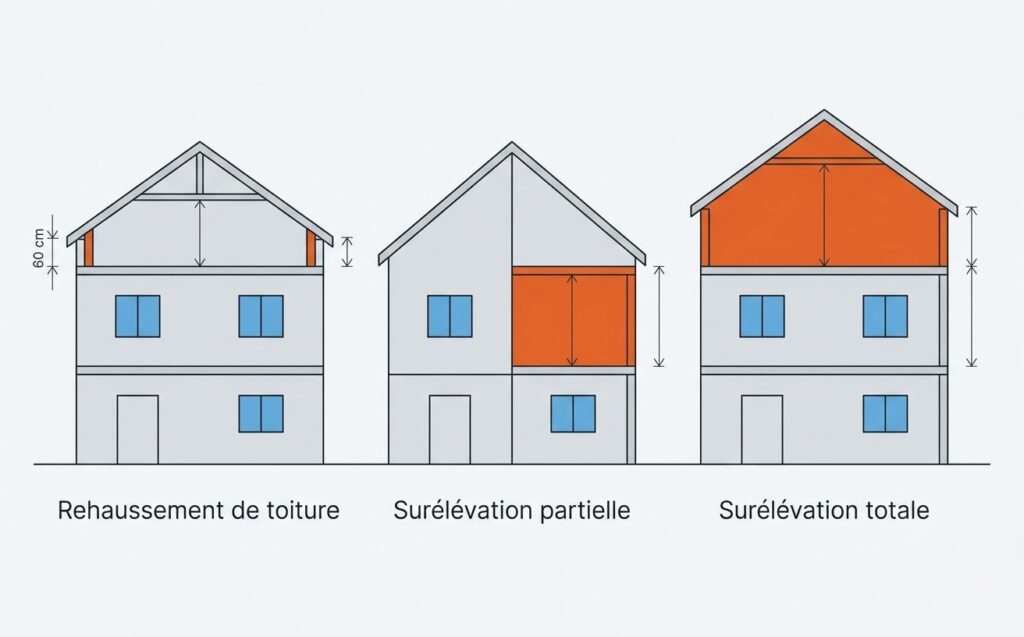 Schéma comparatif : rehaussement de toiture, surélévation partielle et surélévation totale