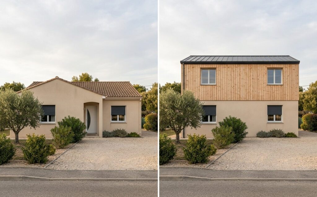 Avant après d'une surélévation en ossature bois sur une maison des années 80